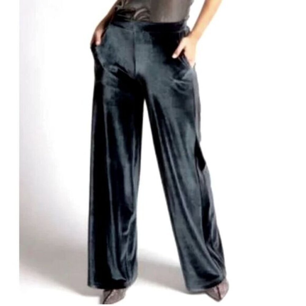 Betabrand Wide Leg Velvet Pull On Pants Deep Green Sz XL Petite